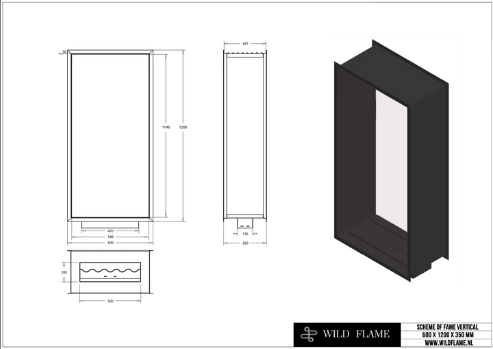 Bioethanol Tunnelkamin Tunnelofen Vertikal für Raumteiler Zweiseitig mit Glas - FAME 60x120x35cm
